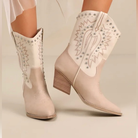 Dolce Vita Cowboy Tan and Cream Heeled Boots - Picture 2 of 14